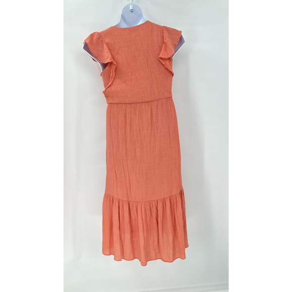 Lush Coral Dress Medium Tiered Lined Midi Flutter Sleeve Resort Vacation Boho - Picture 6 of 7
